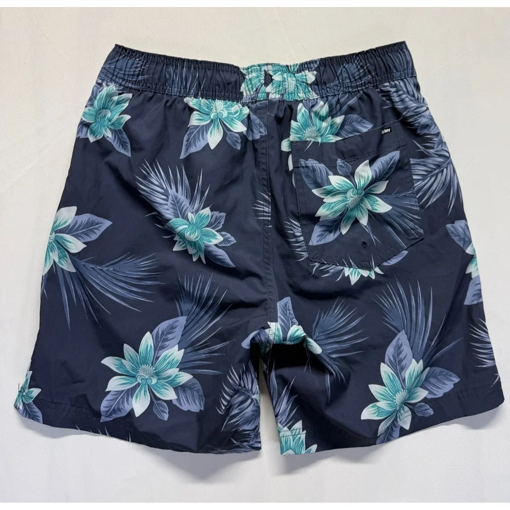 Hurley Volley Trunks Shorts Men Small Navy Blue Tropical Hibiscus Print Swimwear